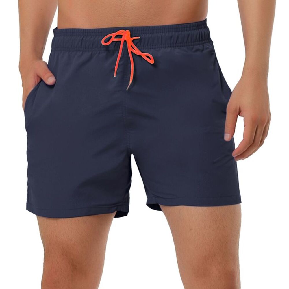 Summer Beach Solid Color Mesh Lining Drawstring Waist Swim Shorts Navy Blue